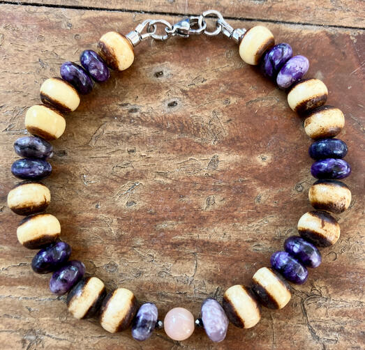 Yak Bone, Charoite & Peach Moonstone Bracelet